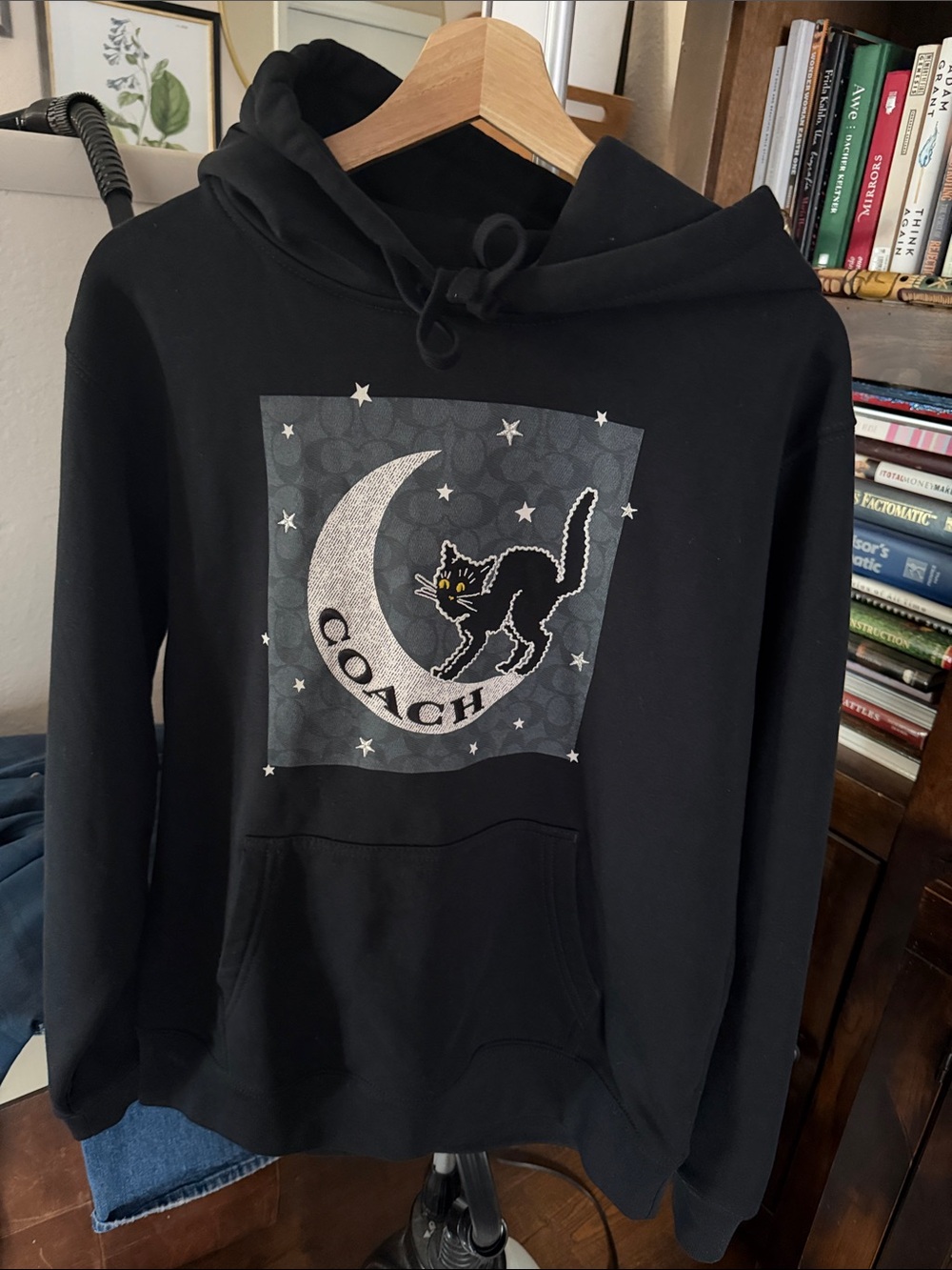 Embroidered Coach Black Hoodie with Moon & Cat Graphic